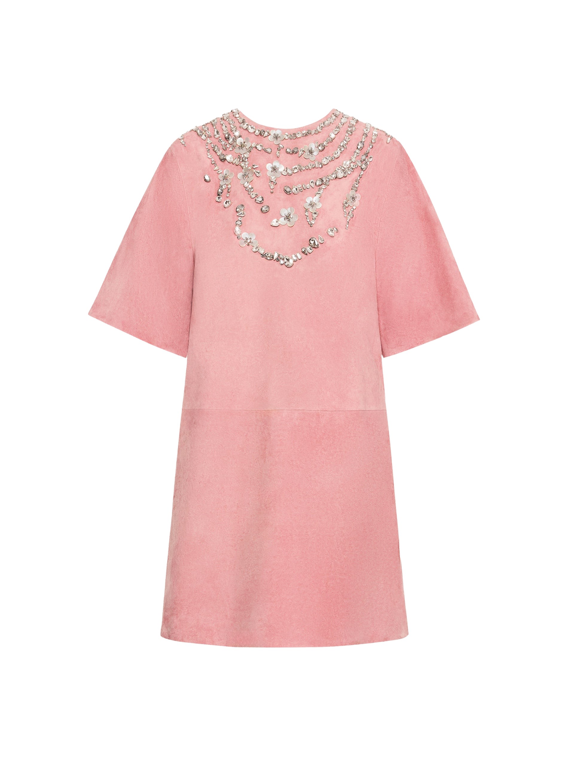 Oscar de la Renta Crystal Necklace Embroidered Suede Dress