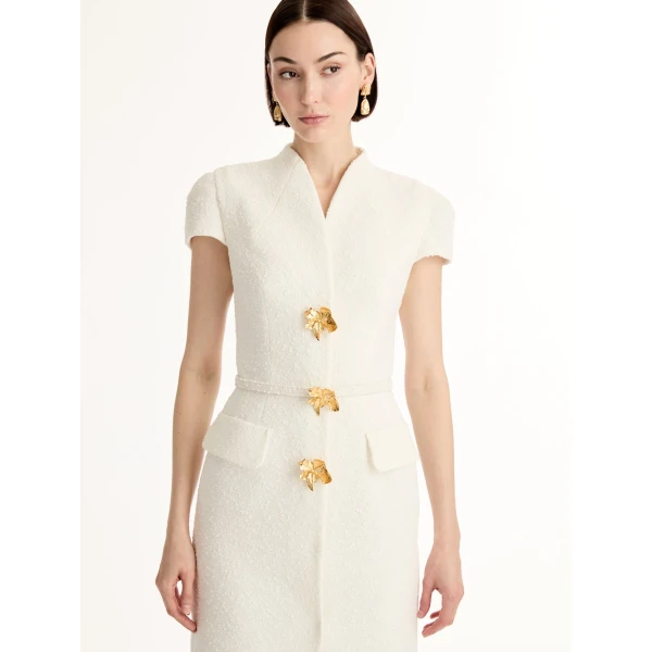 Oscar de la Renta Cyclamen-Detailed Wool Tweed Dress - Dresses - American Luxury Evening Wear at Coveti