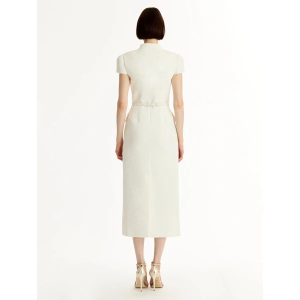 Oscar de la Renta Cyclamen-Detailed Wool Tweed Dress - Dresses - American Luxury Evening Wear at Coveti
