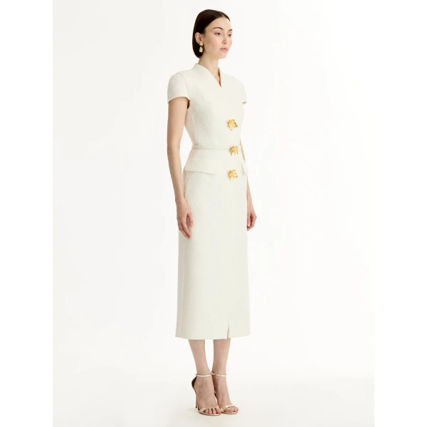 Oscar de la Renta Cyclamen-Detailed Wool Tweed Dress - Dresses - American Luxury Evening Wear at Coveti