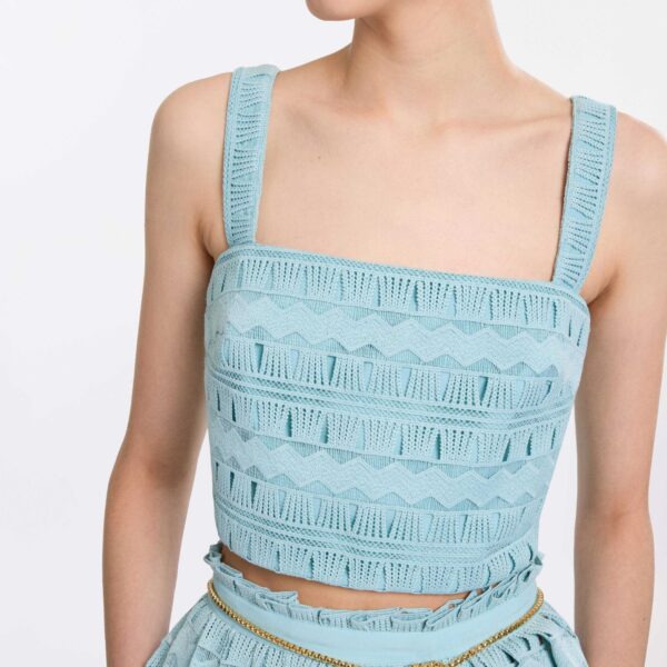 Elie Saab Macramé Crop Top in Blue featuring  – Luxury Designer Fashion at Coveti.