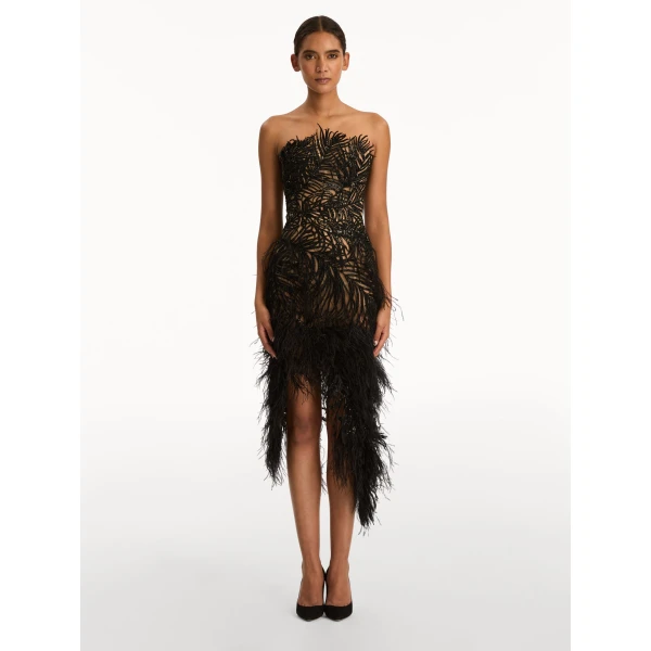 Oscar de la Renta Feather Embroidered Cocktail Dress - Dresses - American Luxury Evening Wear at Coveti