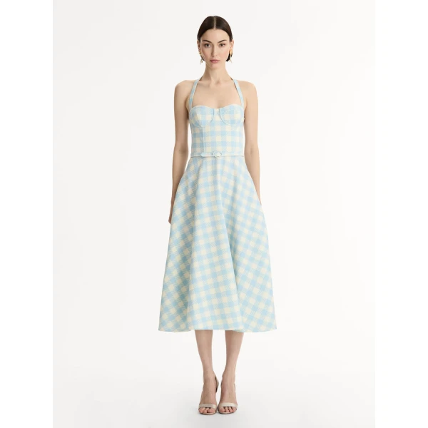 Oscar de la Renta Gingham Bustier Wool-Blend Dress - Dresses - American Luxury Evening Wear at Coveti