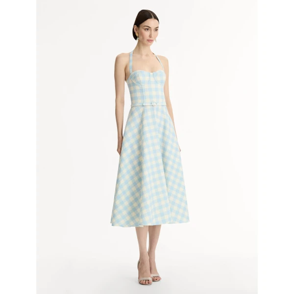 Oscar de la Renta Gingham Bustier Wool-Blend Dress - Dresses - American Luxury Evening Wear at Coveti
