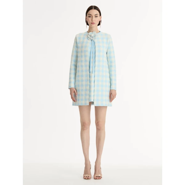 Oscar de la Renta Gingham Coat with Floral Appliqué - Coats - American Luxury Evening Wear at Coveti