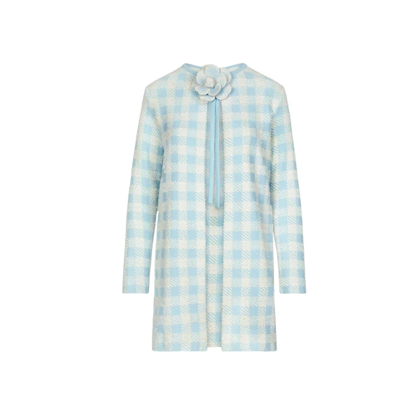 Oscar de la Renta Gingham Coat with Floral Appliqué - Coats - American Luxury Evening Wear at Coveti