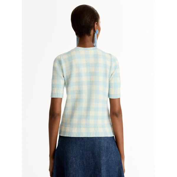 Oscar de la Renta Gingham Pullover with Floral Appliqué - Knitwear - American Luxury Evening Wear at Coveti