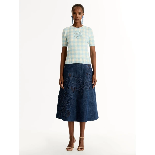 Oscar de la Renta Gingham Pullover with Floral Appliqué - Knitwear - American Luxury Evening Wear at Coveti