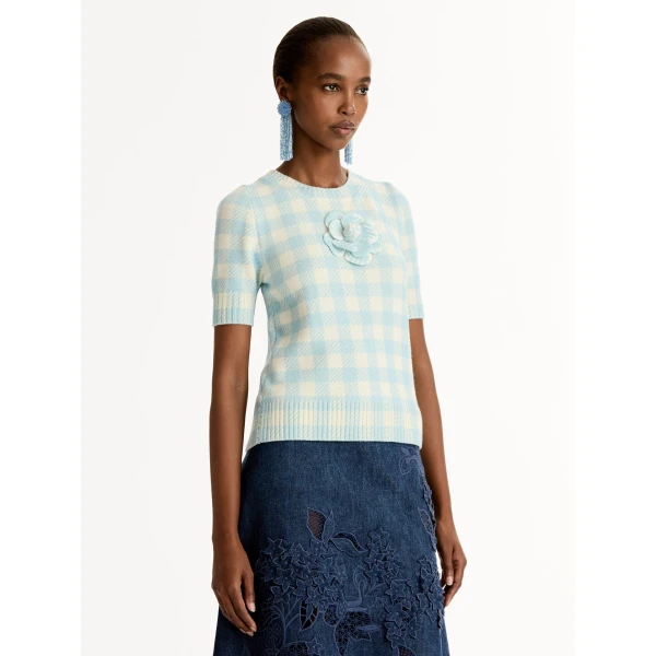 Oscar de la Renta Gingham Pullover with Floral Appliqué - Knitwear - American Luxury Evening Wear at Coveti