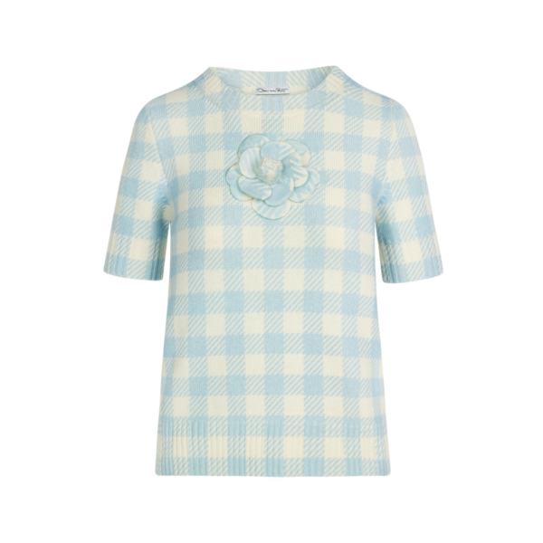 Oscar de la Renta Gingham Pullover with Floral Appliqué - Knitwear - American Luxury Evening Wear at Coveti