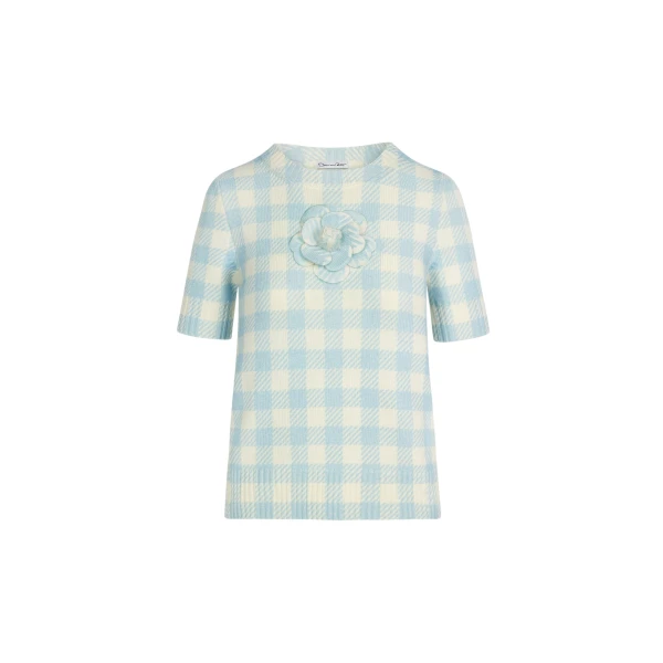 Oscar de la Renta Gingham Pullover with Floral Appliqué - Knitwear - American Luxury Evening Wear at Coveti