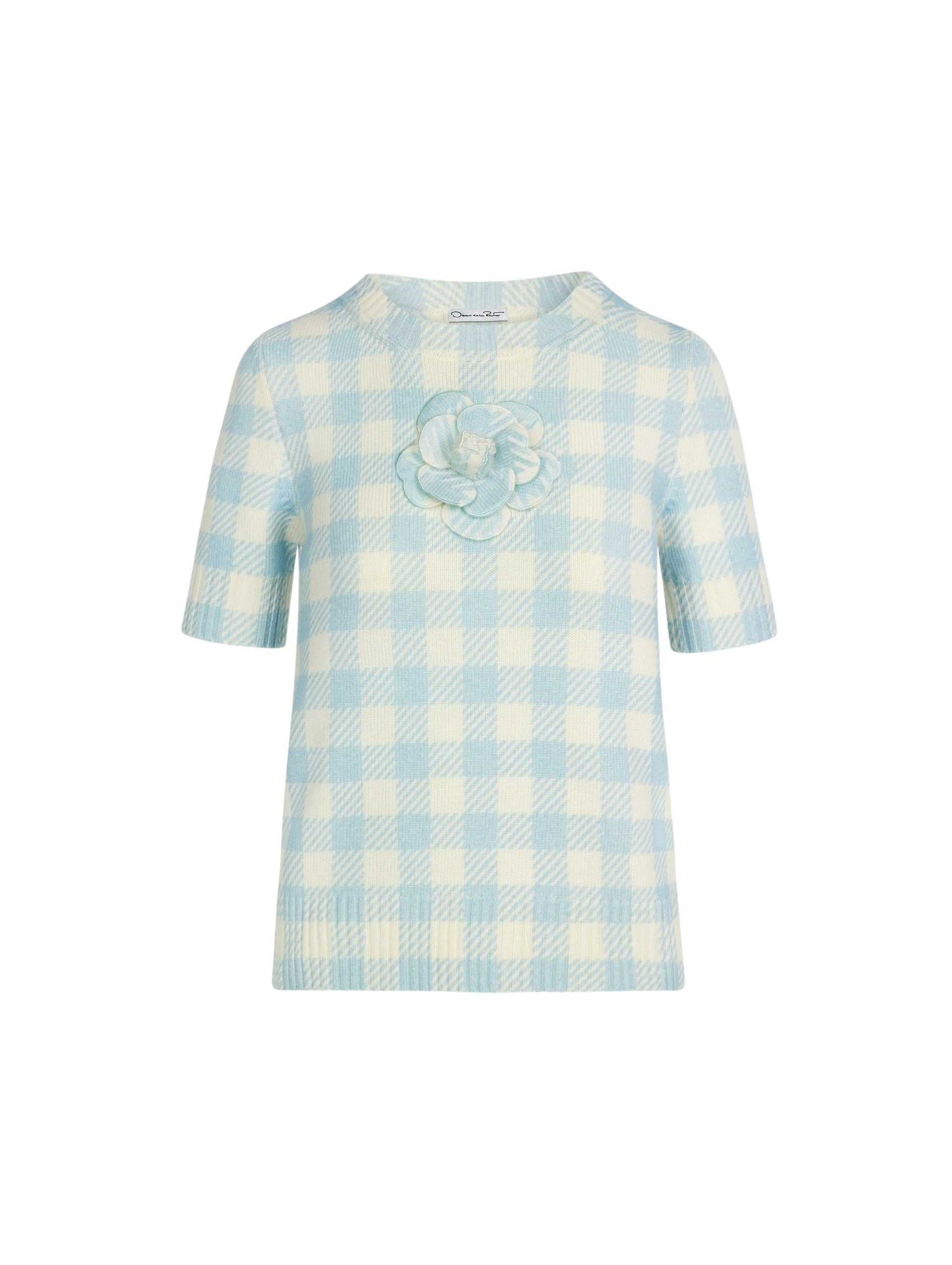 Gingham-Pullover-with-Floral-Applique-Oscar-de-la-Renta-Knitwear34254_nobg Oscar de la Renta Gingham Pullover with Floral Appliqué - Knitwear - American Luxury Evening Wear at Coveti