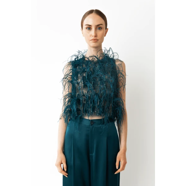 LAPOINTE Cascading Feather Embellished Cropped Tank - Blue Tops - New York Luxury Fashion at Coveti