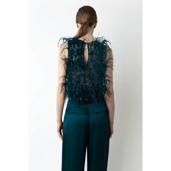 LAPOINTE Cascading Feather Embellished Cropped Tank - Blue Tops - New York Luxury Fashion at Coveti