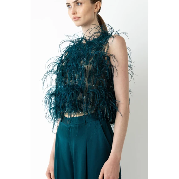 LAPOINTE Cascading Feather Embellished Cropped Tank - Blue Tops - New York Luxury Fashion at Coveti