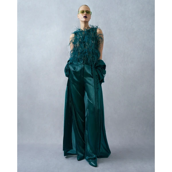 LAPOINTE Cascading Feather Embellished Cropped Tank - Blue Tops - New York Luxury Fashion at Coveti