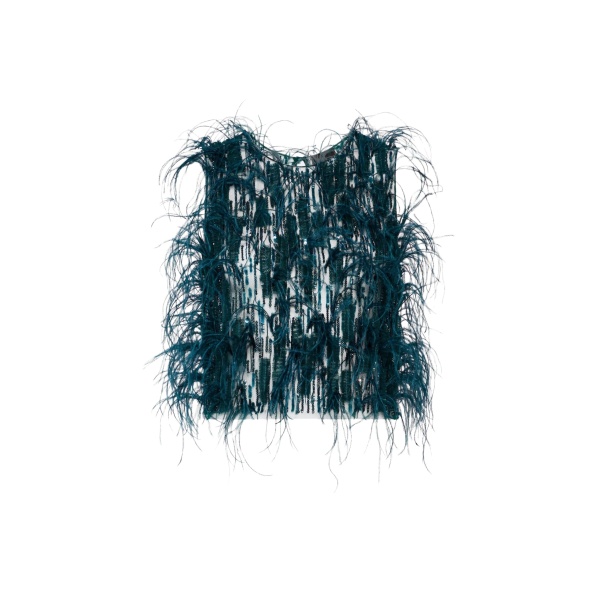 LAPOINTE Cascading Feather Embellished Cropped Tank - Blue Tops - New York Luxury Fashion at Coveti