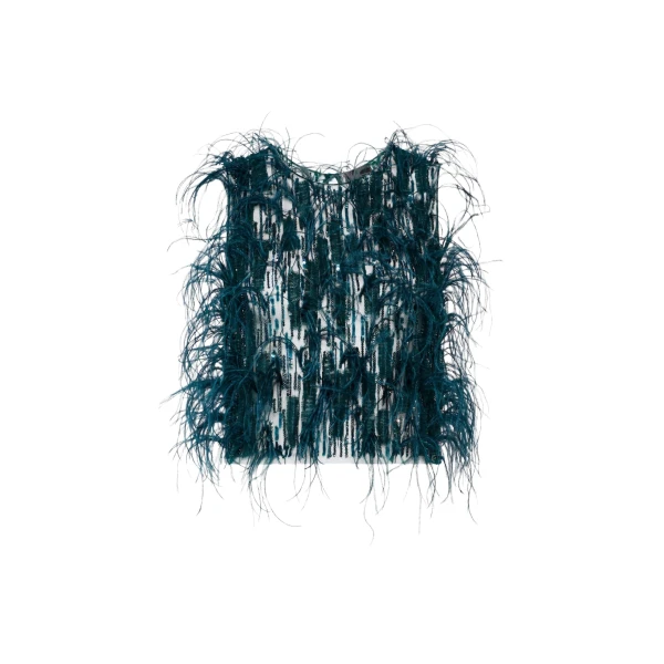 LAPOINTE Cascading Feather Embellished Cropped Tank - Blue Tops - New York Luxury Fashion at Coveti