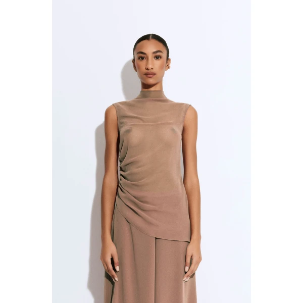 LAPOINTE Lightweight Georgette Mock Neck Ruched Top - Beige Tops - New York Luxury Fashion at Coveti