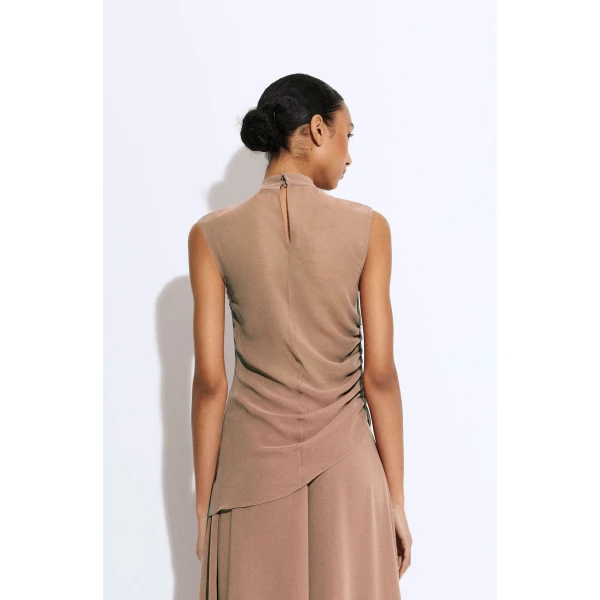 LAPOINTE Lightweight Georgette Mock Neck Ruched Top - Beige Tops - New York Luxury Fashion at Coveti