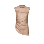 LAPOINTE Lightweight Georgette Mock Neck Ruched Top - Beige Tops - New York Luxury Fashion at Coveti