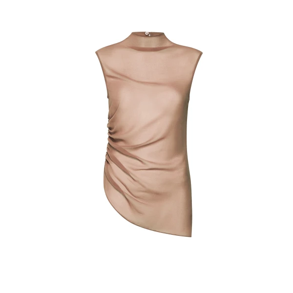 LAPOINTE Lightweight Georgette Mock Neck Ruched Top - Beige Tops - New York Luxury Fashion at Coveti
