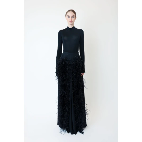 LAPOINTE Lightweight Georgette Wide Leg Pant With Feathers - Black Pants - New York Luxury Fashion at Coveti