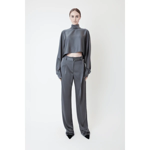 LAPOINTE Lightweight Satin Belted Pant - Grey Pants - New York Luxury Fashion at Coveti