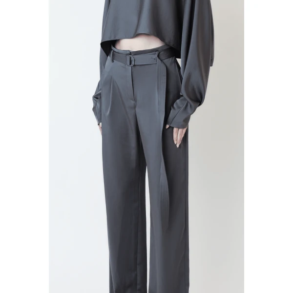 LAPOINTE Lightweight Satin Belted Pant - Grey Pants - New York Luxury Fashion at Coveti