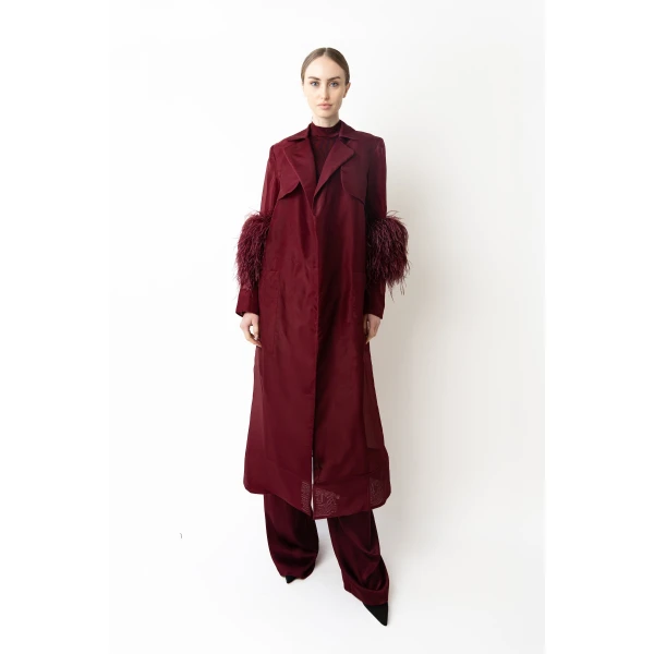 LAPOINTE Organza Sheer Duster With Feathers - Red Coats - New York Luxury Fashion at Coveti