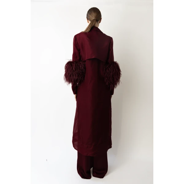 LAPOINTE Organza Sheer Duster With Feathers - Red Coats - New York Luxury Fashion at Coveti