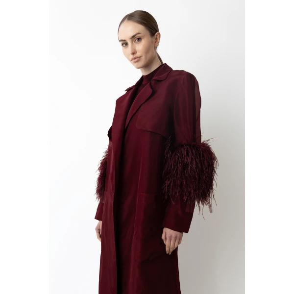 LAPOINTE Organza Sheer Duster With Feathers - Red Coats - New York Luxury Fashion at Coveti