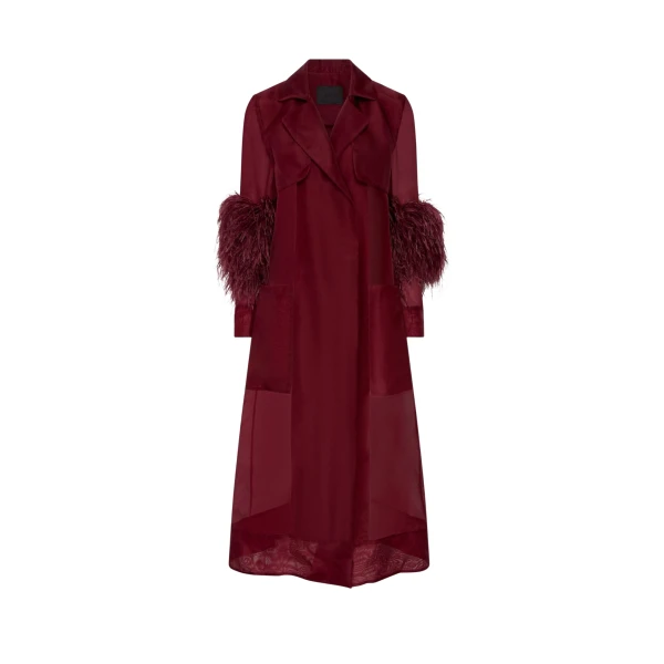 LAPOINTE Organza Sheer Duster With Feathers - Red Coats - New York Luxury Fashion at Coveti