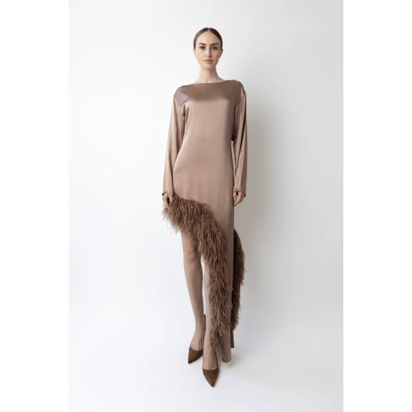 LAPOINTE Satin Asymmetrical Dress With Feathers - Beige Dresses - New York Luxury Fashion at Coveti