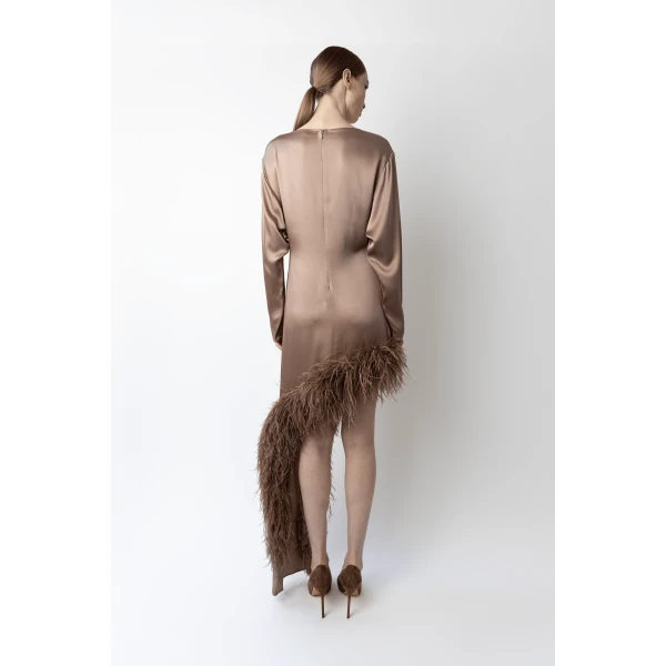 LAPOINTE Satin Asymmetrical Dress With Feathers - Beige Dresses - New York Luxury Fashion at Coveti