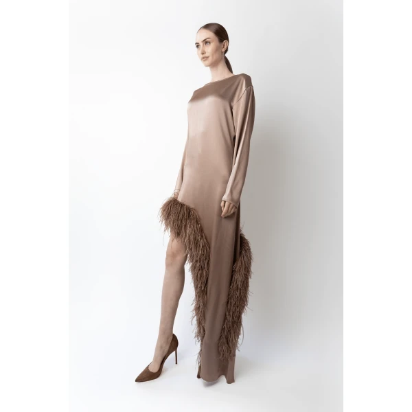 LAPOINTE Satin Asymmetrical Dress With Feathers - Beige Dresses - New York Luxury Fashion at Coveti
