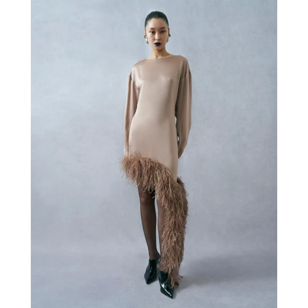 LAPOINTE Satin Asymmetrical Dress With Feathers - Beige Dresses - New York Luxury Fashion at Coveti