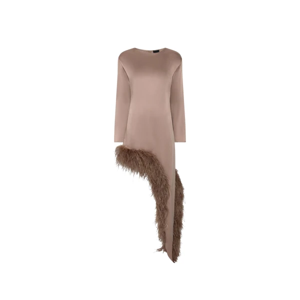 LAPOINTE Satin Asymmetrical Dress With Feathers - Beige Dresses - New York Luxury Fashion at Coveti