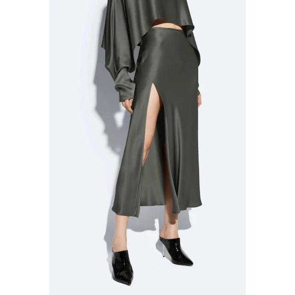 LAPOINTE Satin Bias Midi Skirt - Green Skirts - New York Luxury Fashion at Coveti