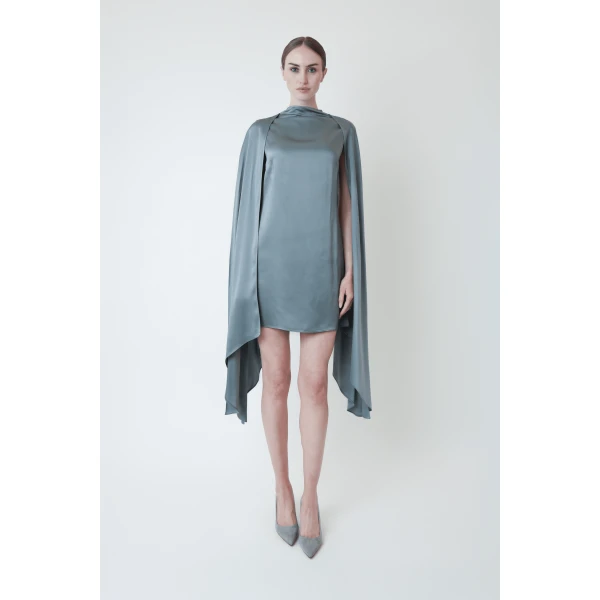 LAPOINTE Satin Cape Sleeve Mini Dress - Blue Dresses - New York Luxury Fashion at Coveti