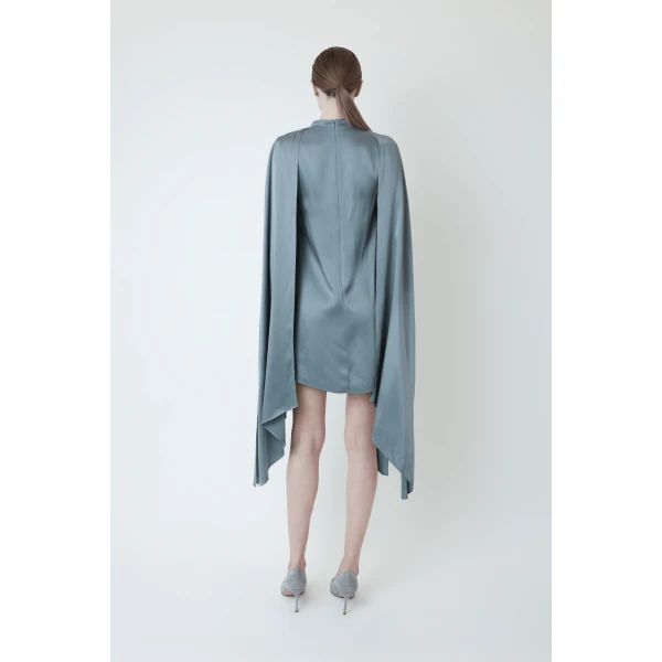 LAPOINTE Satin Cape Sleeve Mini Dress - Blue Dresses - New York Luxury Fashion at Coveti