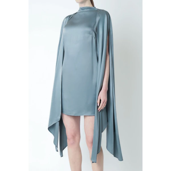 LAPOINTE Satin Cape Sleeve Mini Dress - Blue Dresses - New York Luxury Fashion at Coveti