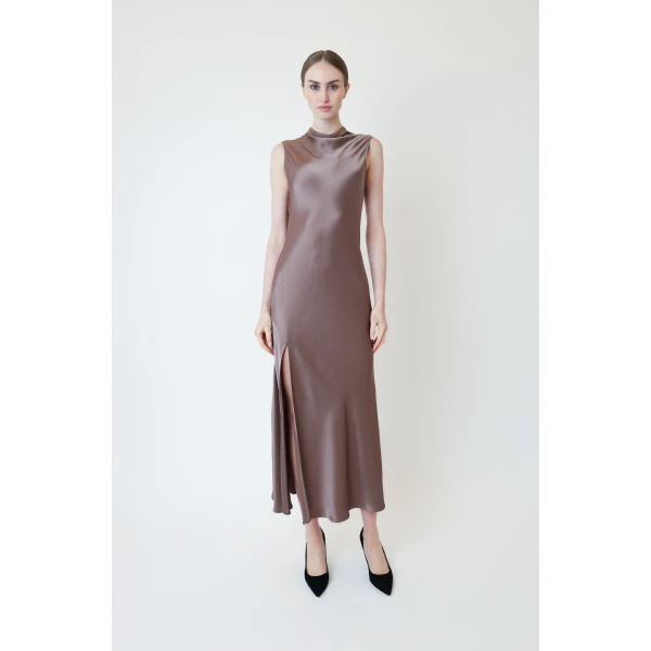 LAPOINTE Satin Drape Neck Sleeveless Gown - Brown Dresses - New York Luxury Fashion at Coveti