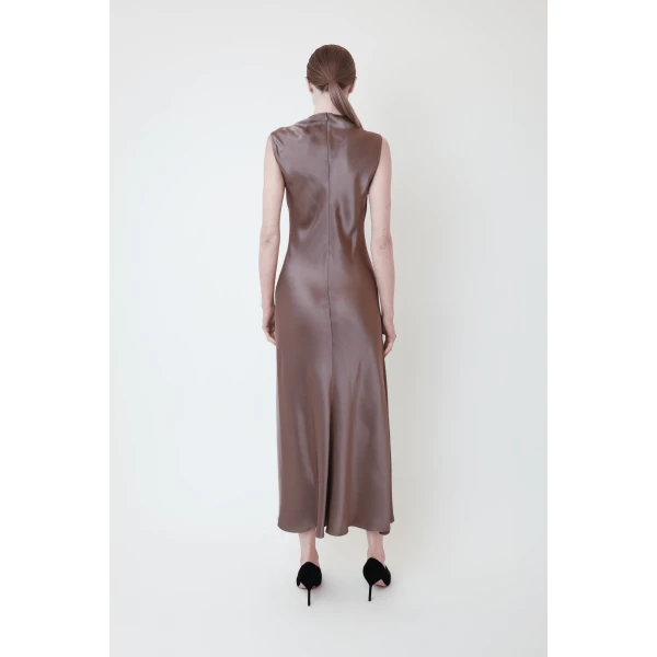 LAPOINTE Satin Drape Neck Sleeveless Gown - Brown Dresses - New York Luxury Fashion at Coveti