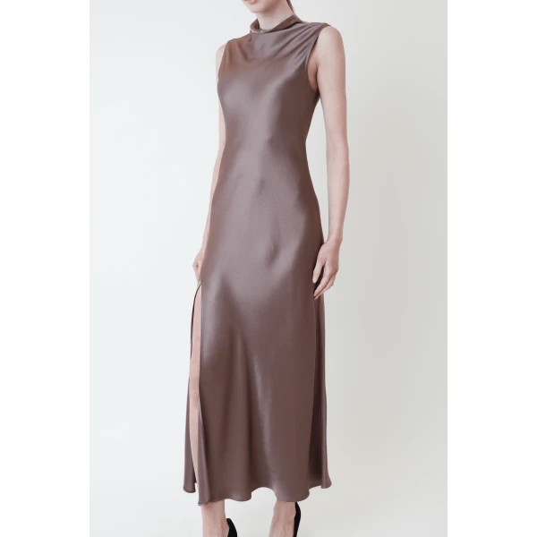 LAPOINTE Satin Drape Neck Sleeveless Gown - Brown Dresses - New York Luxury Fashion at Coveti