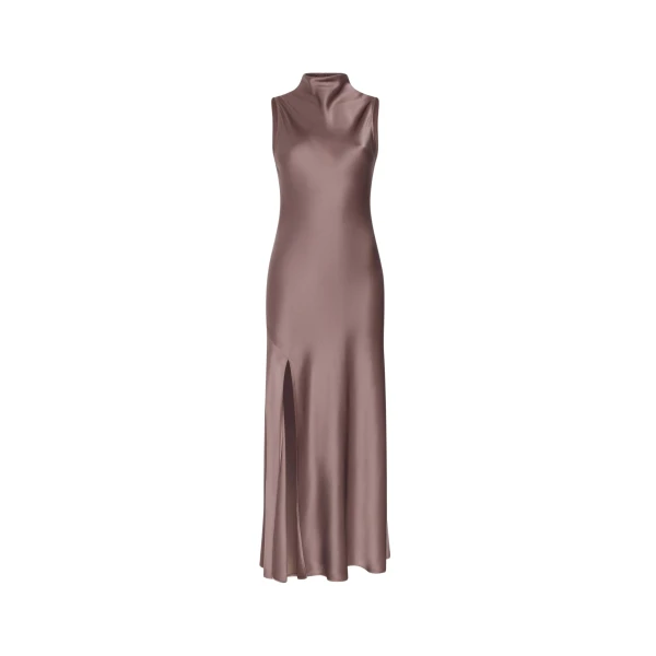 LAPOINTE Satin Drape Neck Sleeveless Gown - Brown Dresses - New York Luxury Fashion at Coveti