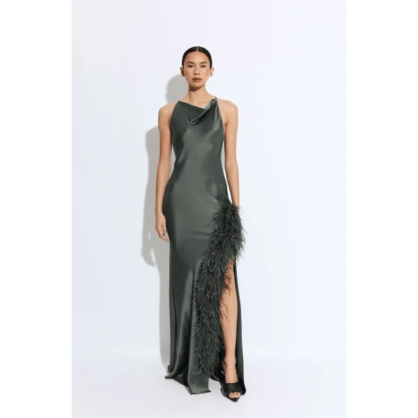 LAPOINTE Satin Halter Gown With Feathers - Green Dresses - New York Luxury Fashion at Coveti