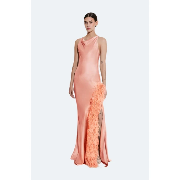 LAPOINTE Satin Halter Gown With Feathers - Pink Dresses - New York Luxury Fashion at Coveti