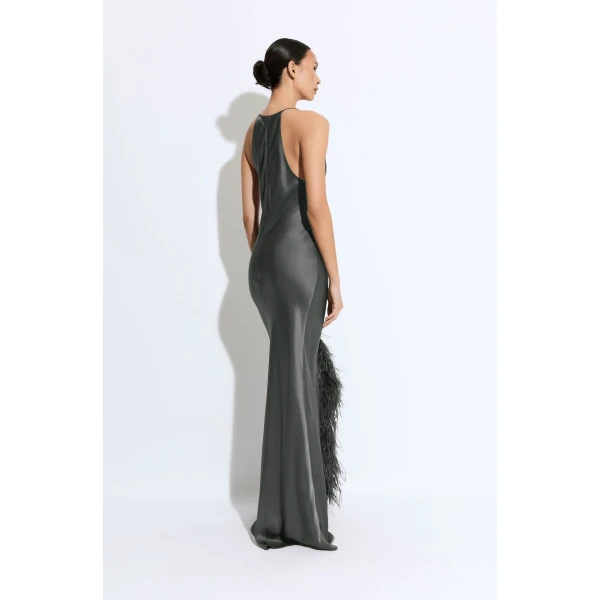 LAPOINTE Satin Halter Gown With Feathers - Green Dresses - New York Luxury Fashion at Coveti