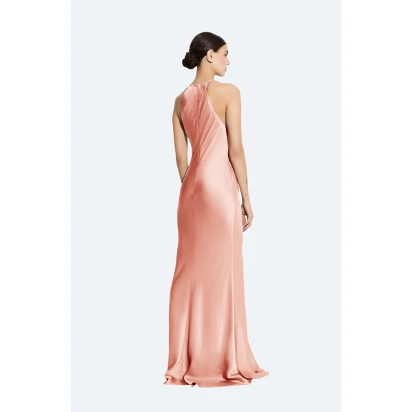 LAPOINTE Satin Halter Gown With Feathers - Pink Dresses - New York Luxury Fashion at Coveti